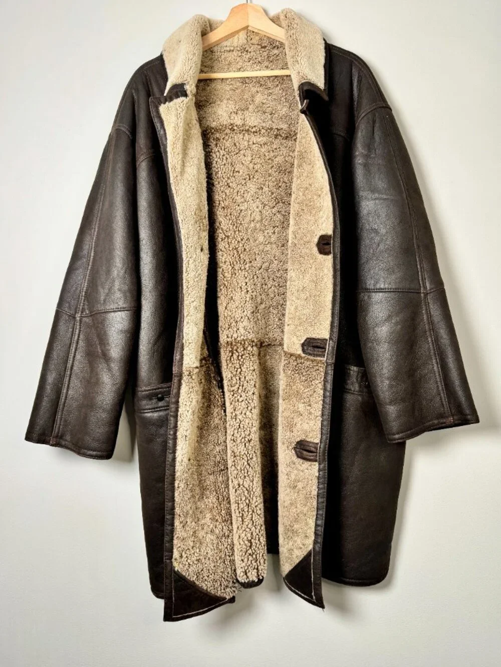 Vintage Denimax Paris NY Genuine Shearling Leather Car Coat Brown XXL